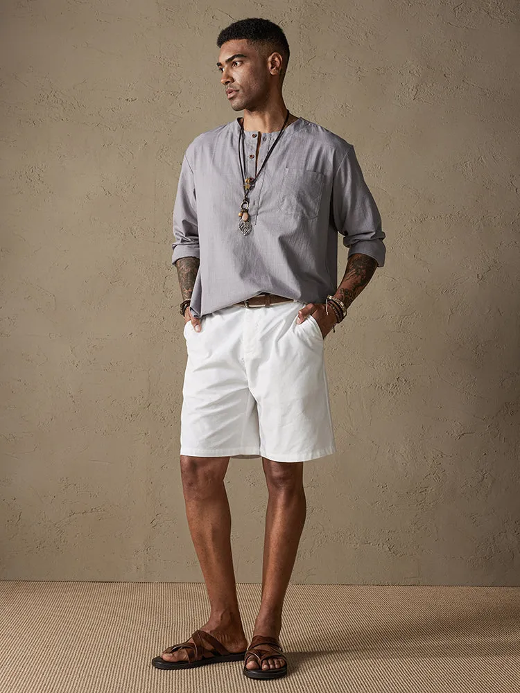 Cotton Linen Henley Shirt With Pocket