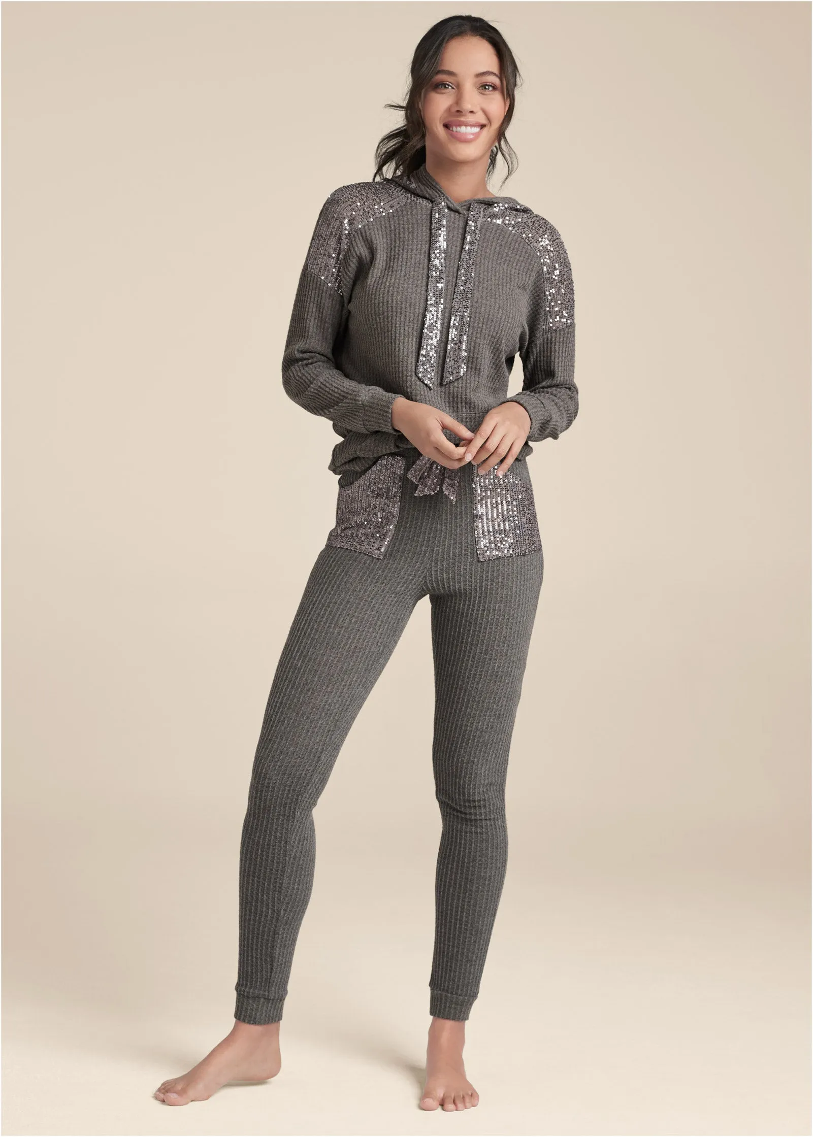 Cozy Sequin Waffle Leggings - Heather Grey