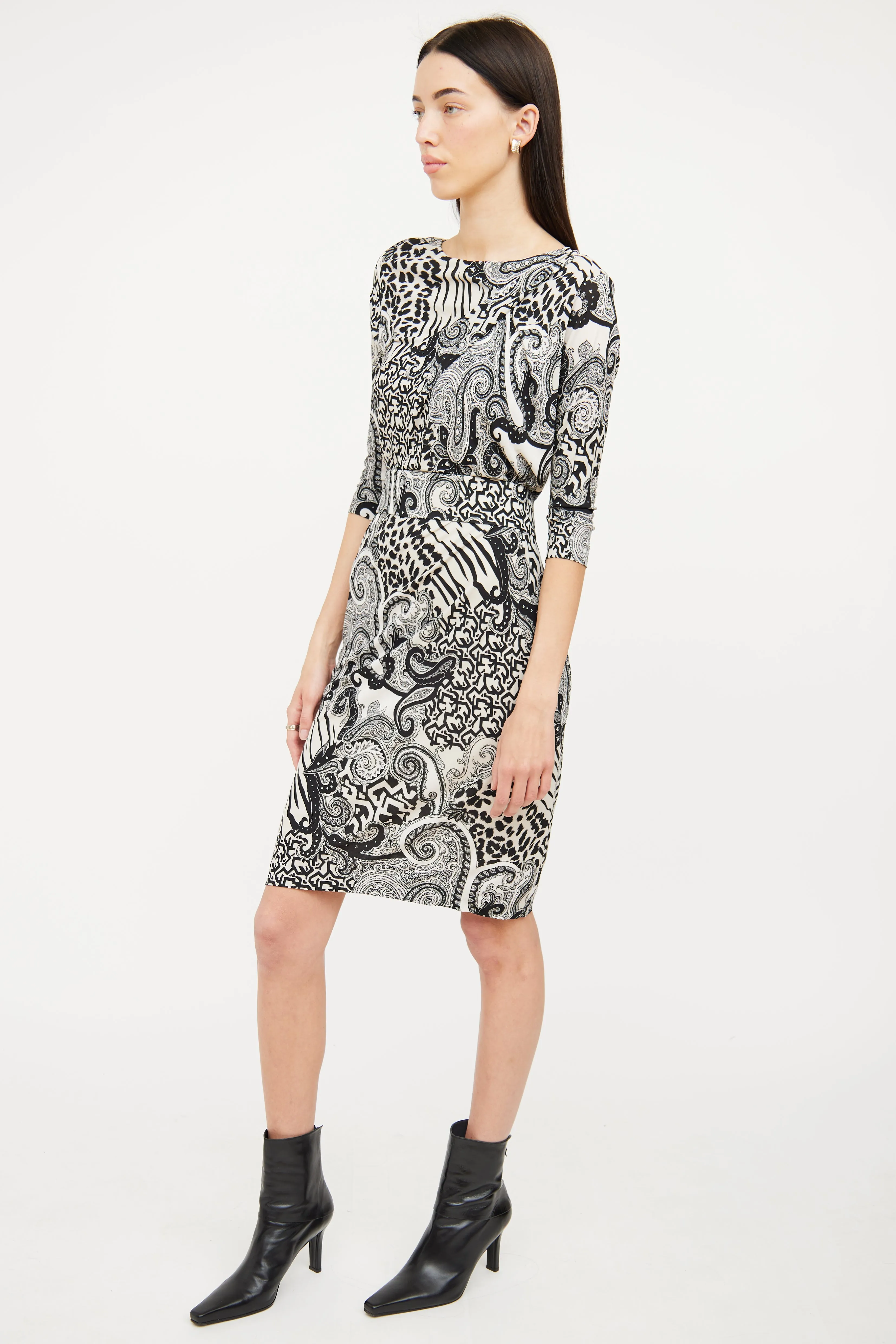 Cream & Black Paisley Midi Dress