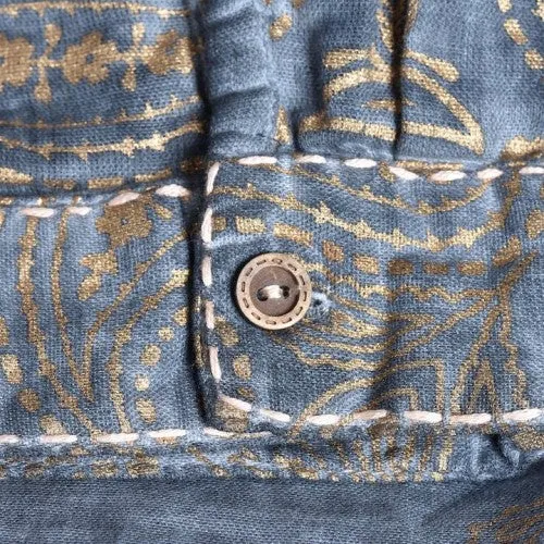 Denim Henley Shirt with Handmade Gold Print