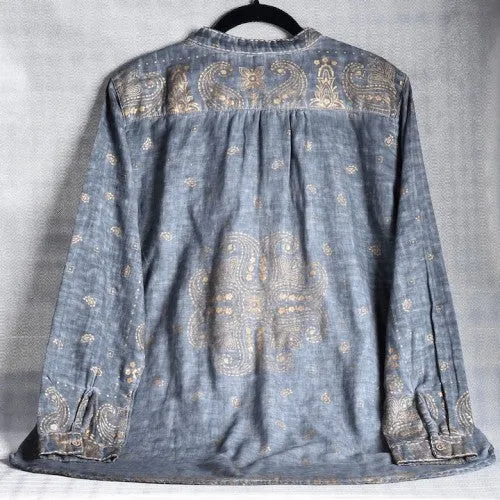 Denim Henley Shirt with Handmade Gold Print