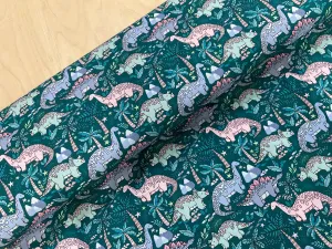 Dino Parade Teal Cotton Jersey