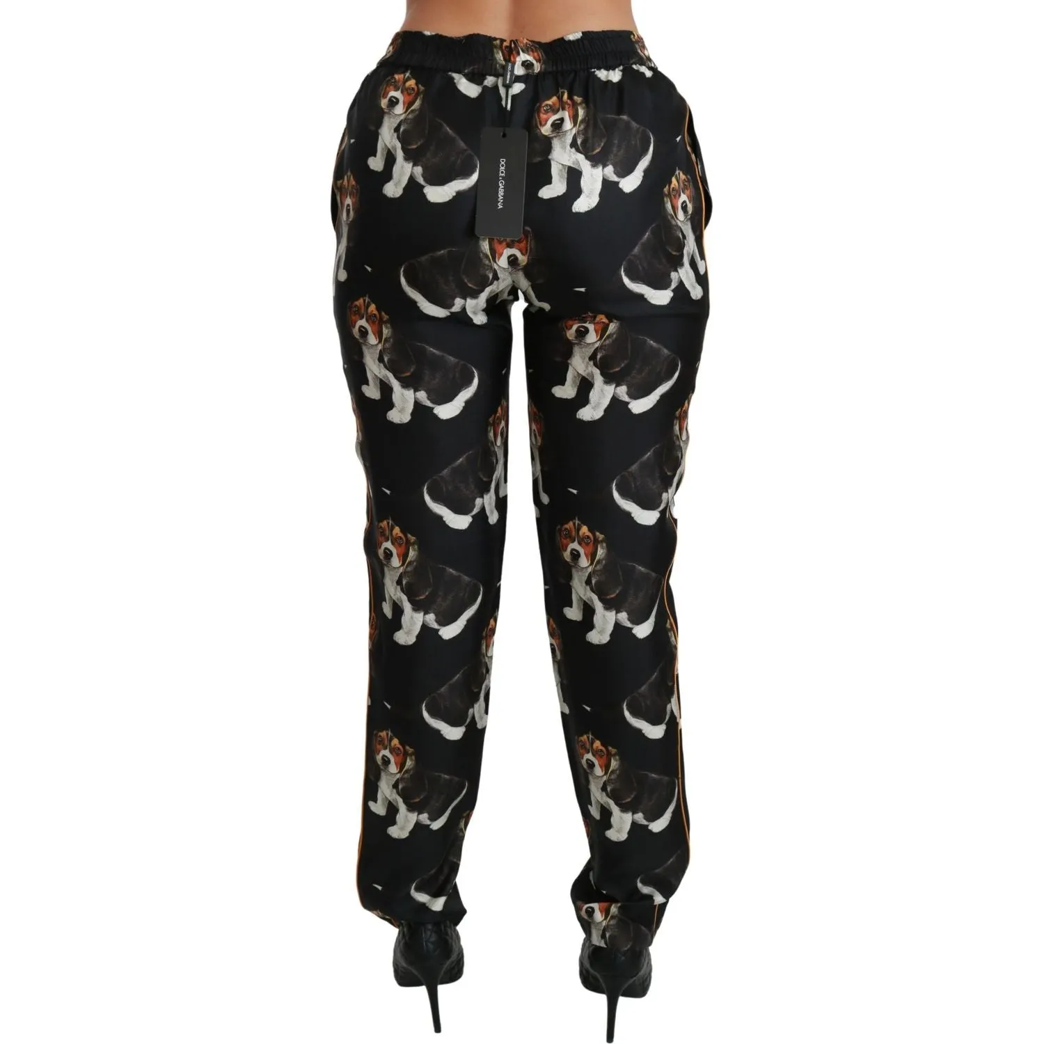 Dolce & Gabbana Elegant Silk Puppy Dog Print Pants