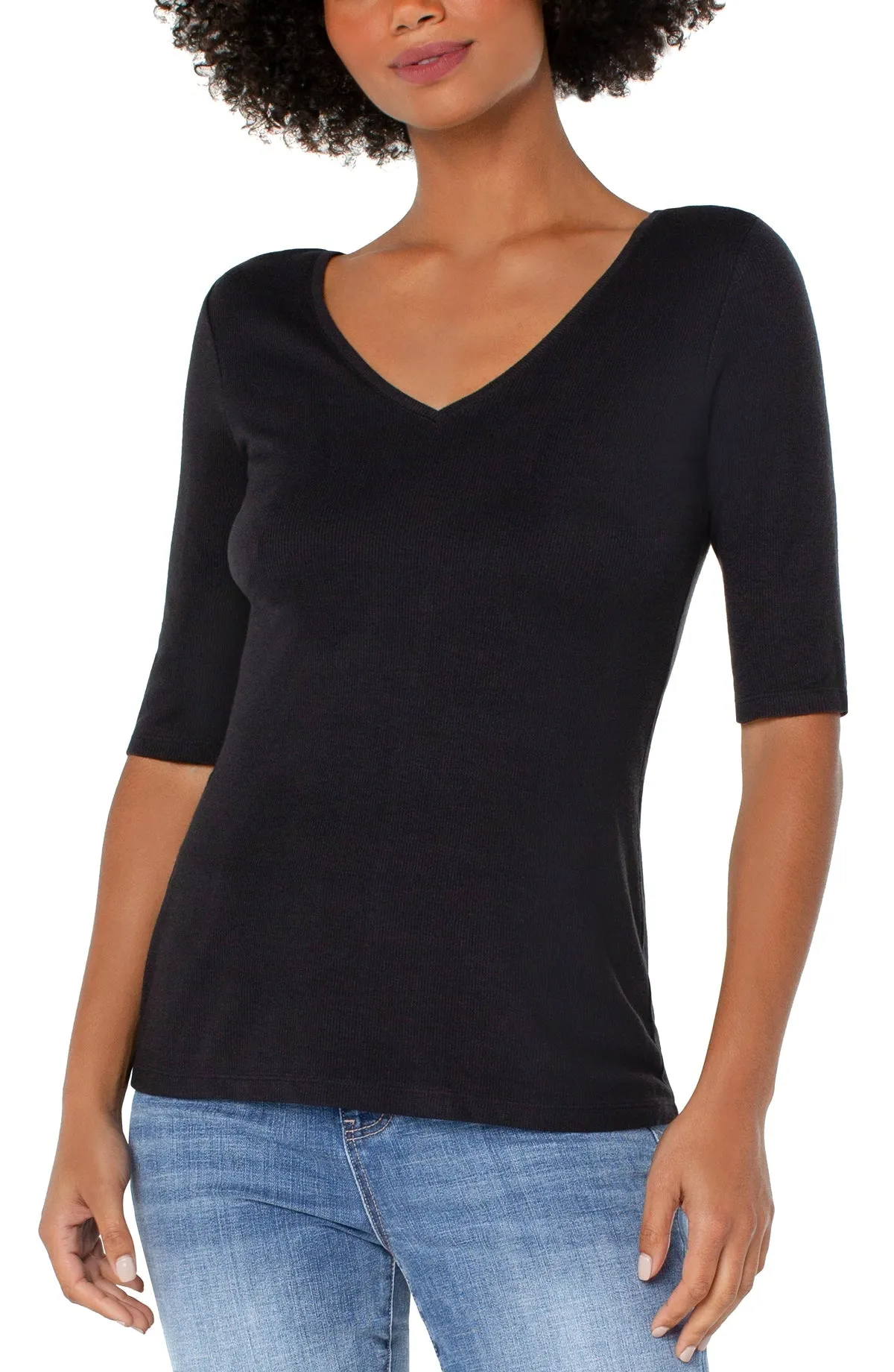 Double V-Neck Half Sleeve Tee - Black