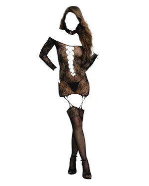 Dreamgirl Lace Patterned Garter Dress with Attached Stockings Black