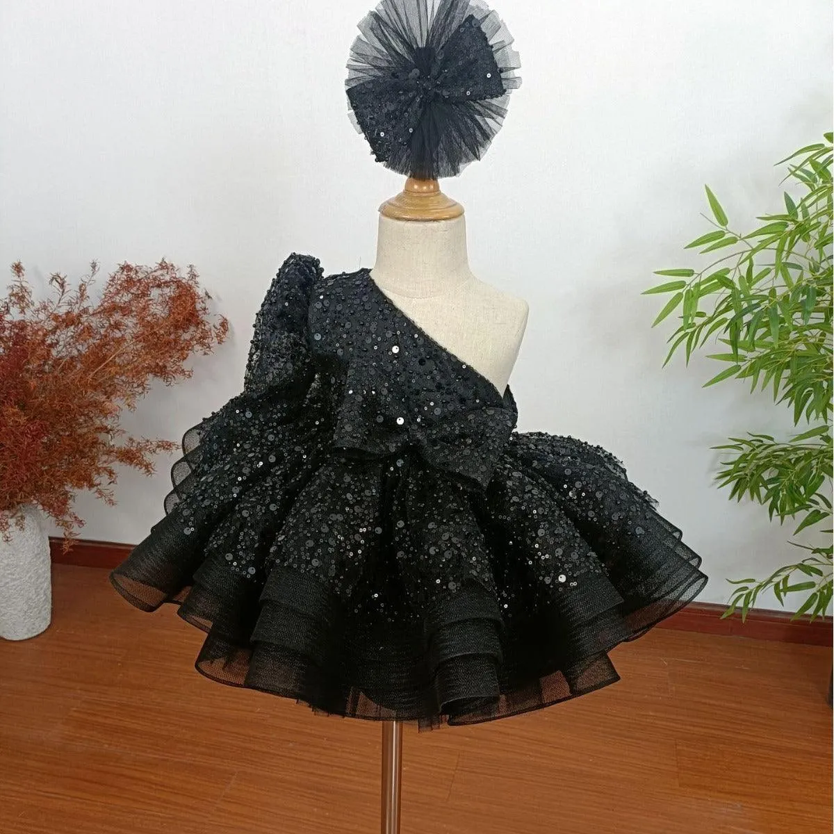 Elegant One-Shoulder Dress for girls Sequined birthday dress for teenager