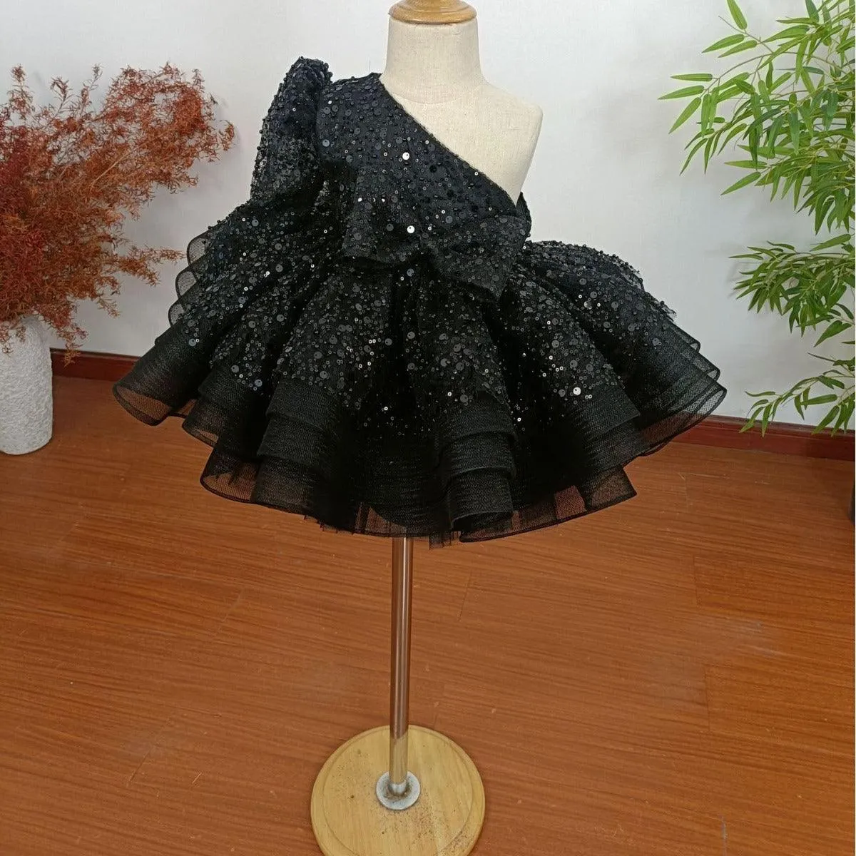 Elegant One-Shoulder Dress for girls Sequined birthday dress for teenager