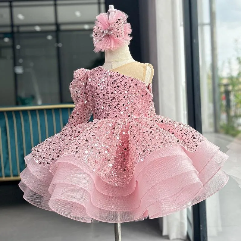 Elegant One-Shoulder Dress for girls Sequined birthday dress for teenager