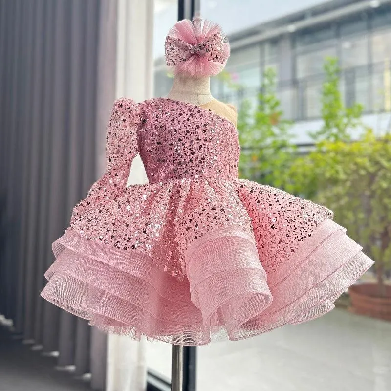 Elegant One-Shoulder Dress for girls Sequined birthday dress for teenager