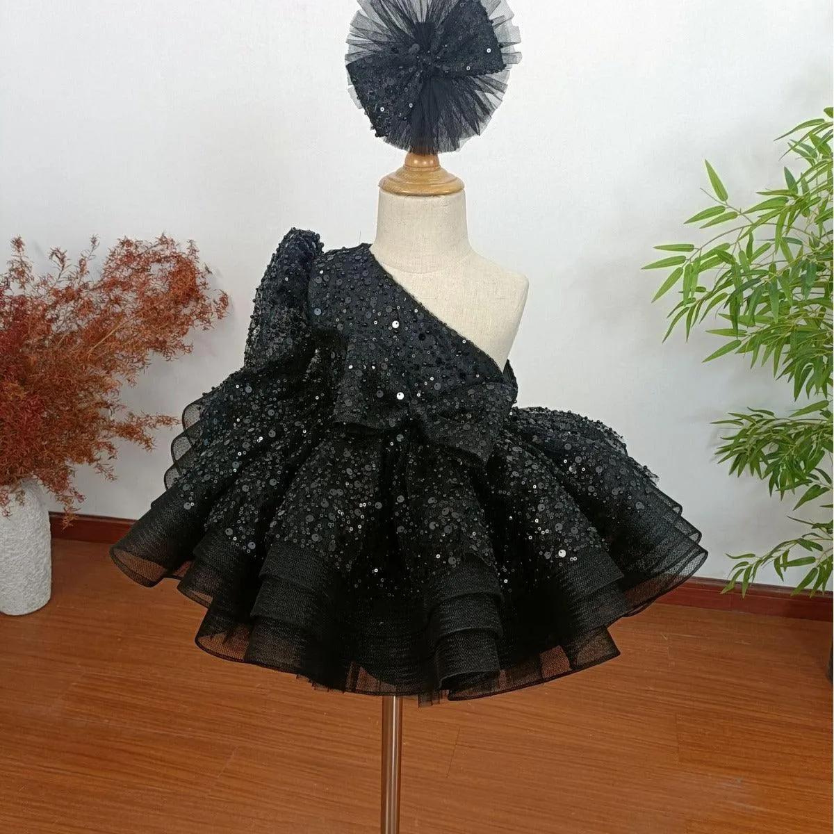 Elegant One-Shoulder Dress for girls Sequined birthday dress for teenager