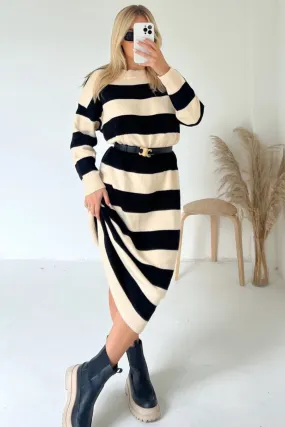 Ellie cream and black striped knitted midi dress