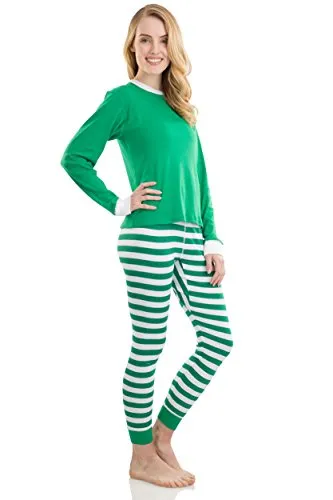 Elowel Adult Womens Mens Green Top & Green White Pants  Christmas Fitted Striped Pajamas 100% Cotton