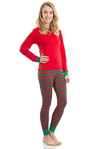 Elowel Adult Womens Mens Red Top & Red Green Pants  Christmas Fitted Pajamas 100% Cotton