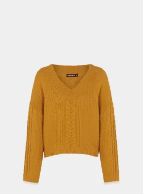 Emma v Neck Cable Jumper - Mustard