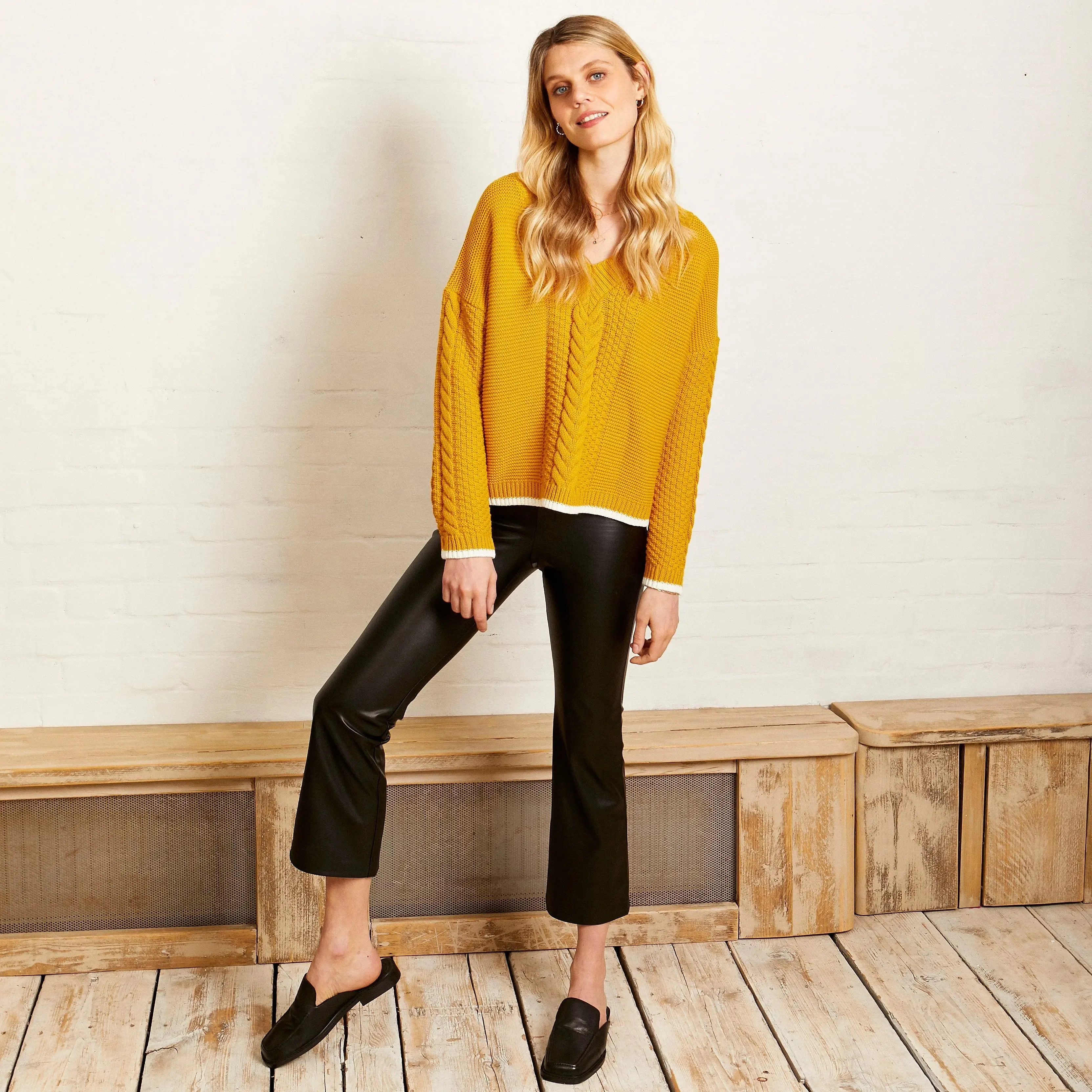 Emma v Neck Cable Jumper - Mustard