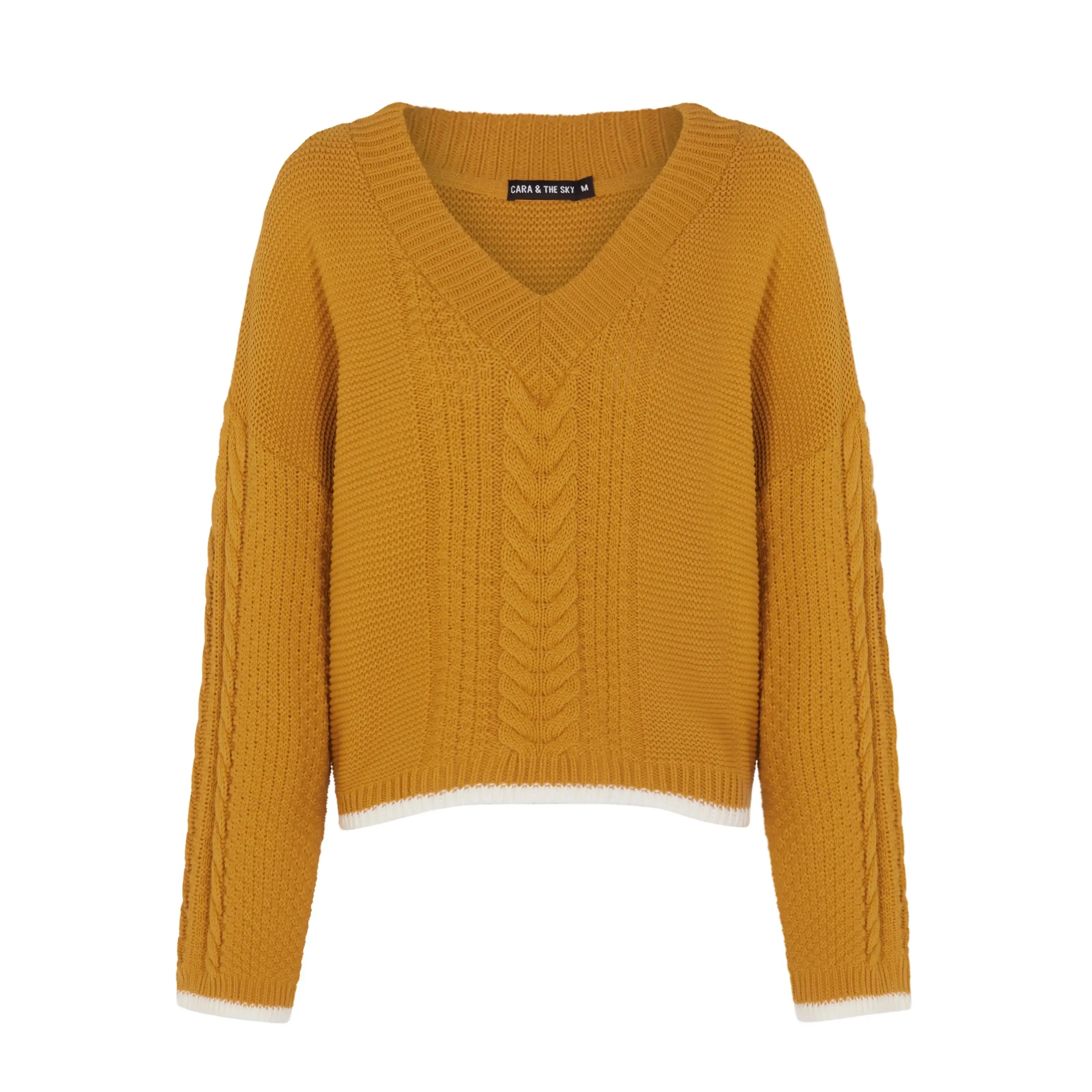 Emma v Neck Cable Jumper - Mustard