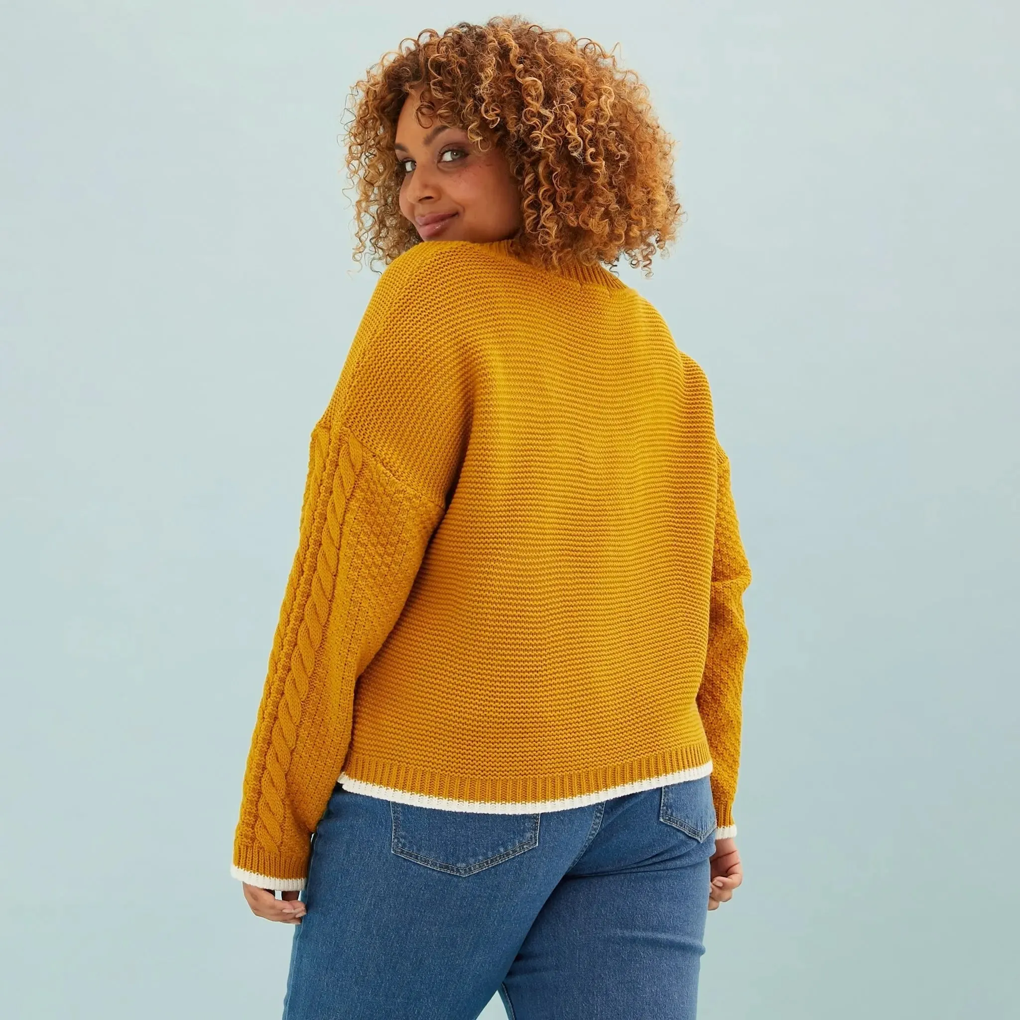 Emma v Neck Cable Jumper - Mustard