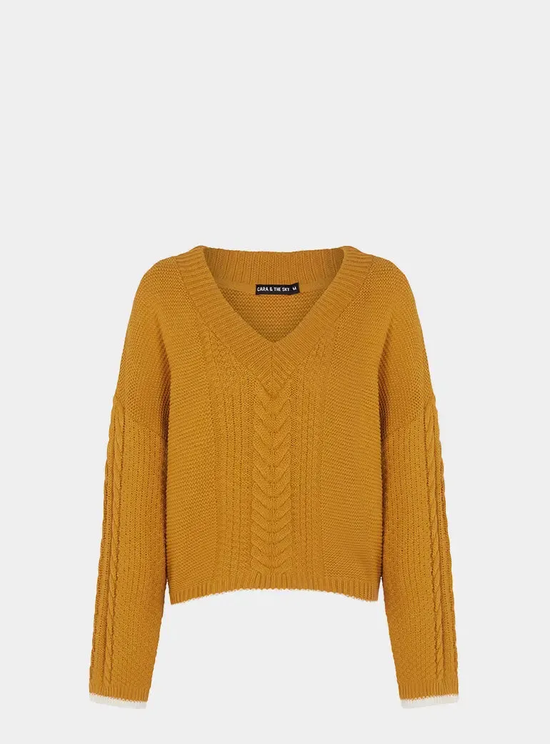 Emma v Neck Cable Jumper - Mustard