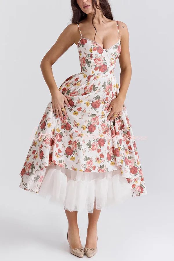 Fairy Tale Gorgeous Italian Rose Print Tulle Pocketed Slip Midi Dress