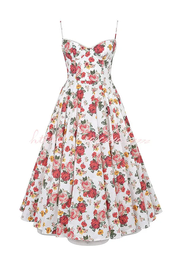 Fairy Tale Gorgeous Italian Rose Print Tulle Pocketed Slip Midi Dress