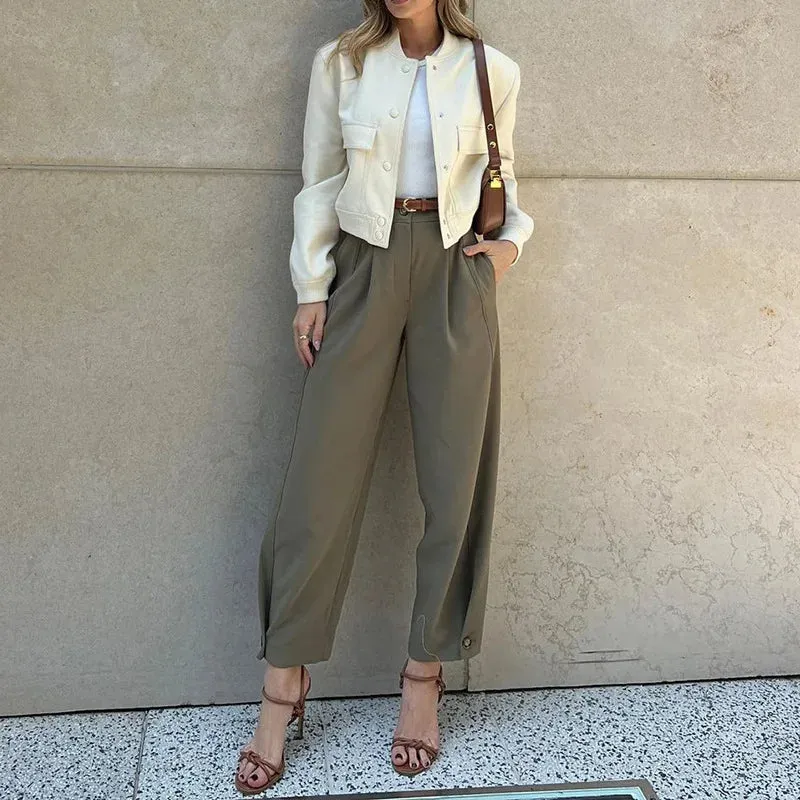 Fashion Solid Color High Waist Suit Pants