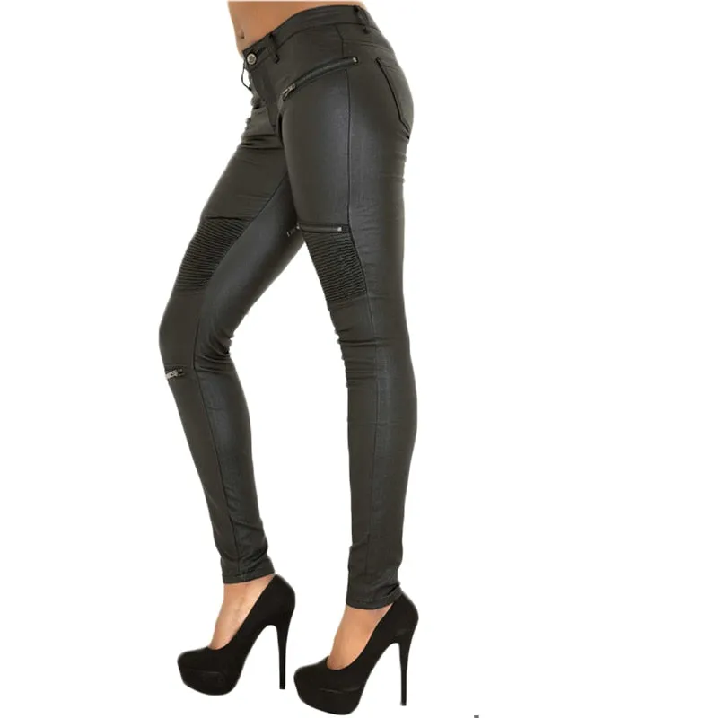 Fashionable Sexy Women's Low Waist Leather Leggings For Motorcycle Riding