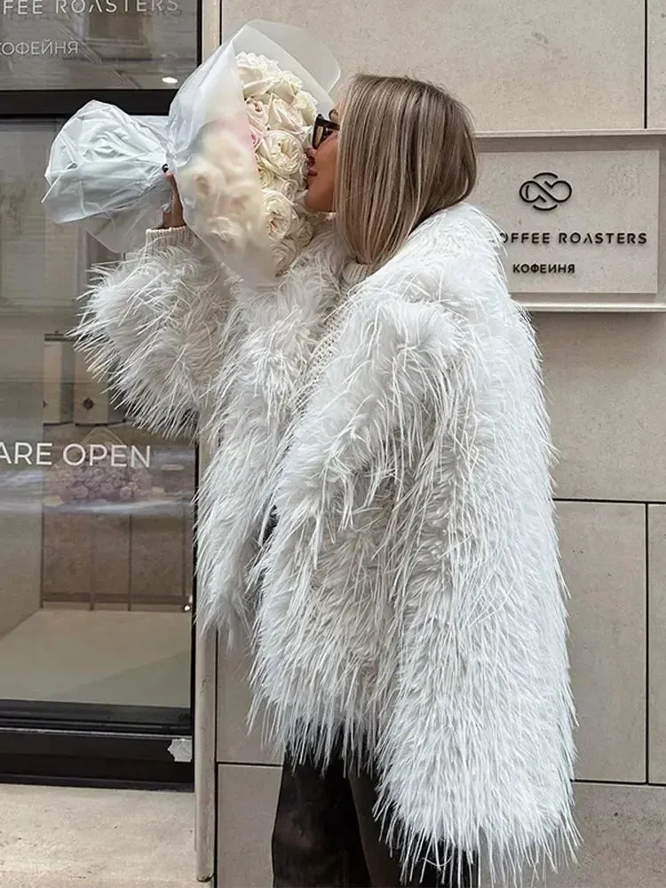 Fashionkova Elegant White Flurry Faux Fur Coat For Women Fashion V Neck Long Sleeve Warm Jacket 2024 New Winter Female High Street Outerwear