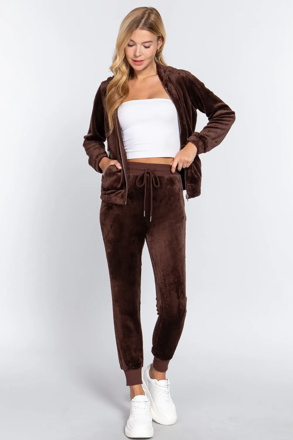 Faux Fur Jacket & Jogger Pants Outfit Set - 9 colors