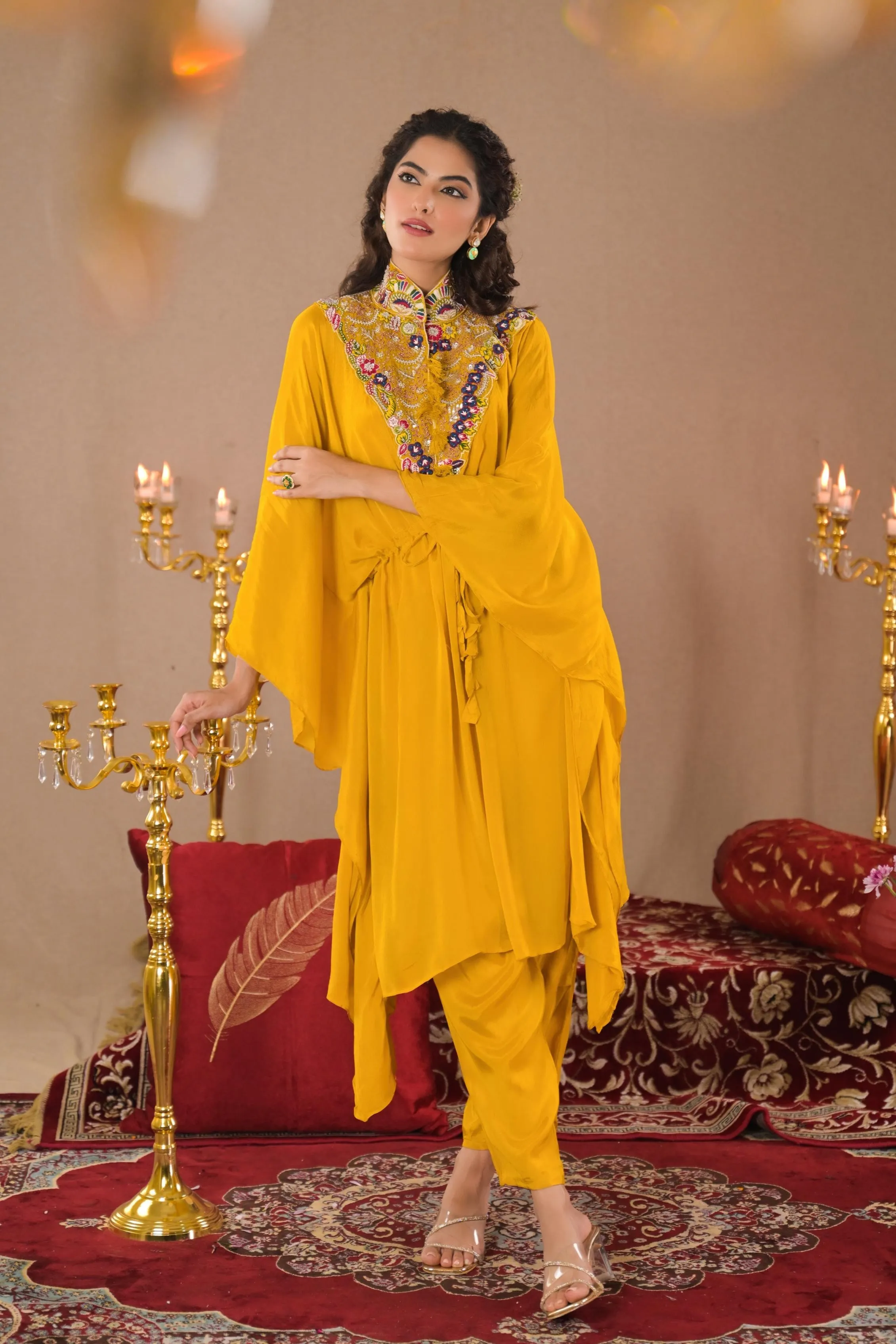 Festive Yellow Embroidered Chinon Silk Kaftan Set