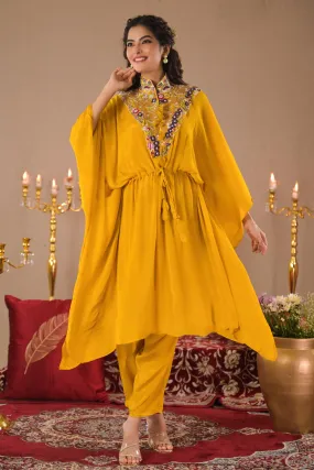 Festive Yellow Embroidered Chinon Silk Kaftan Set