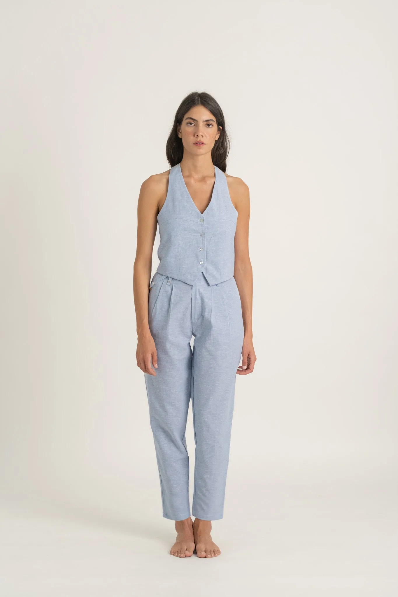 Figurati Linen Gilet Top Sky Blue