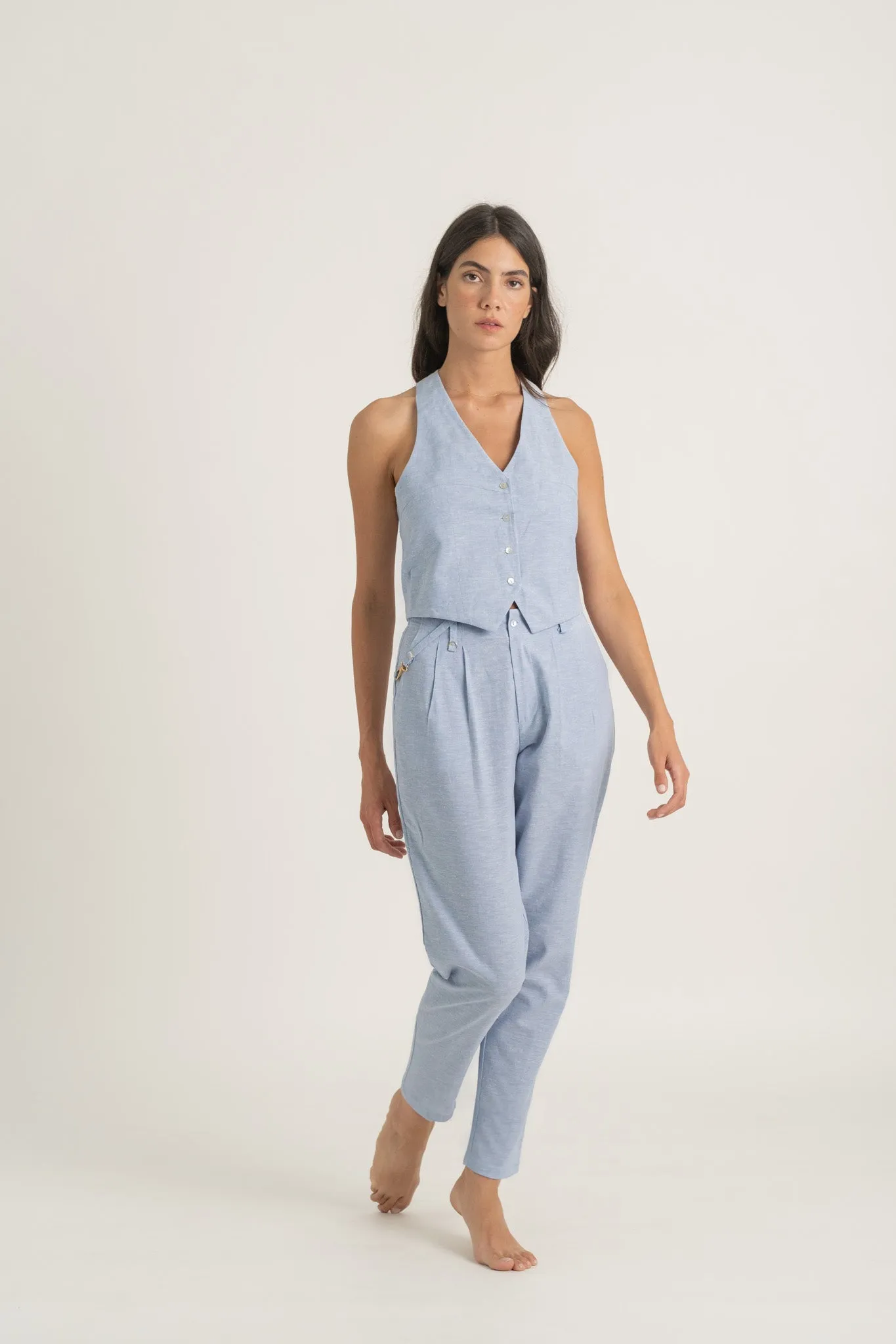 Figurati Linen Gilet Top Sky Blue