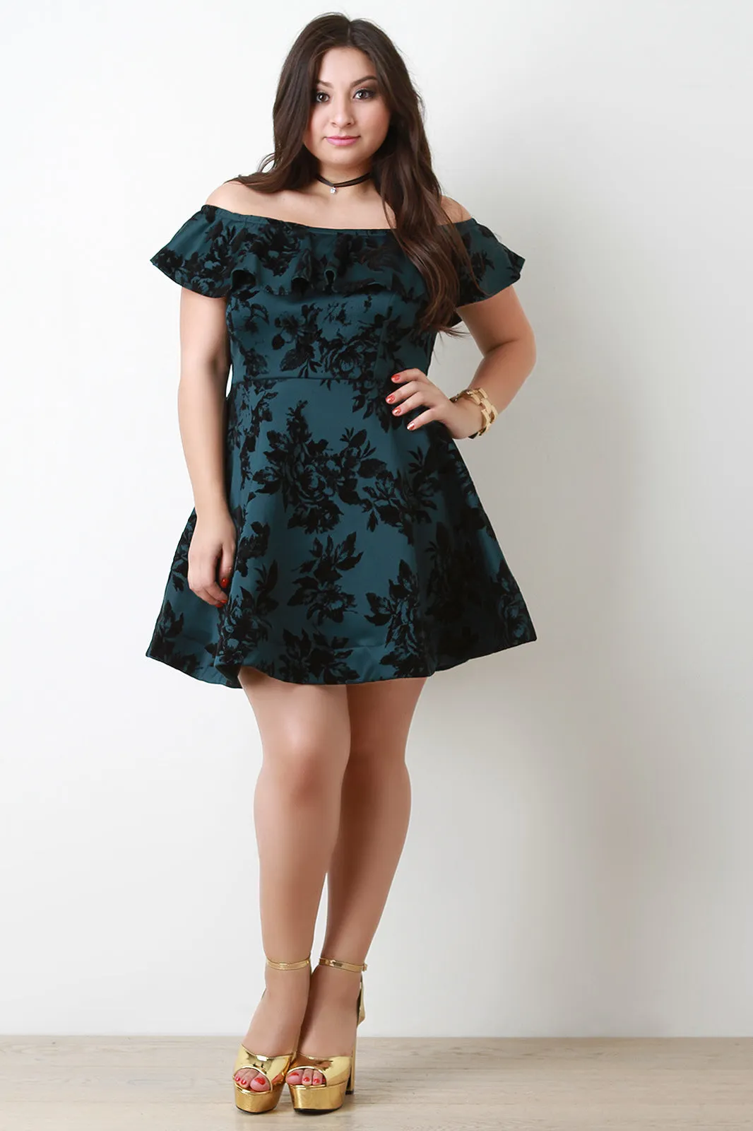 Flocked Floral Print Off The Shoulder Skater Dress