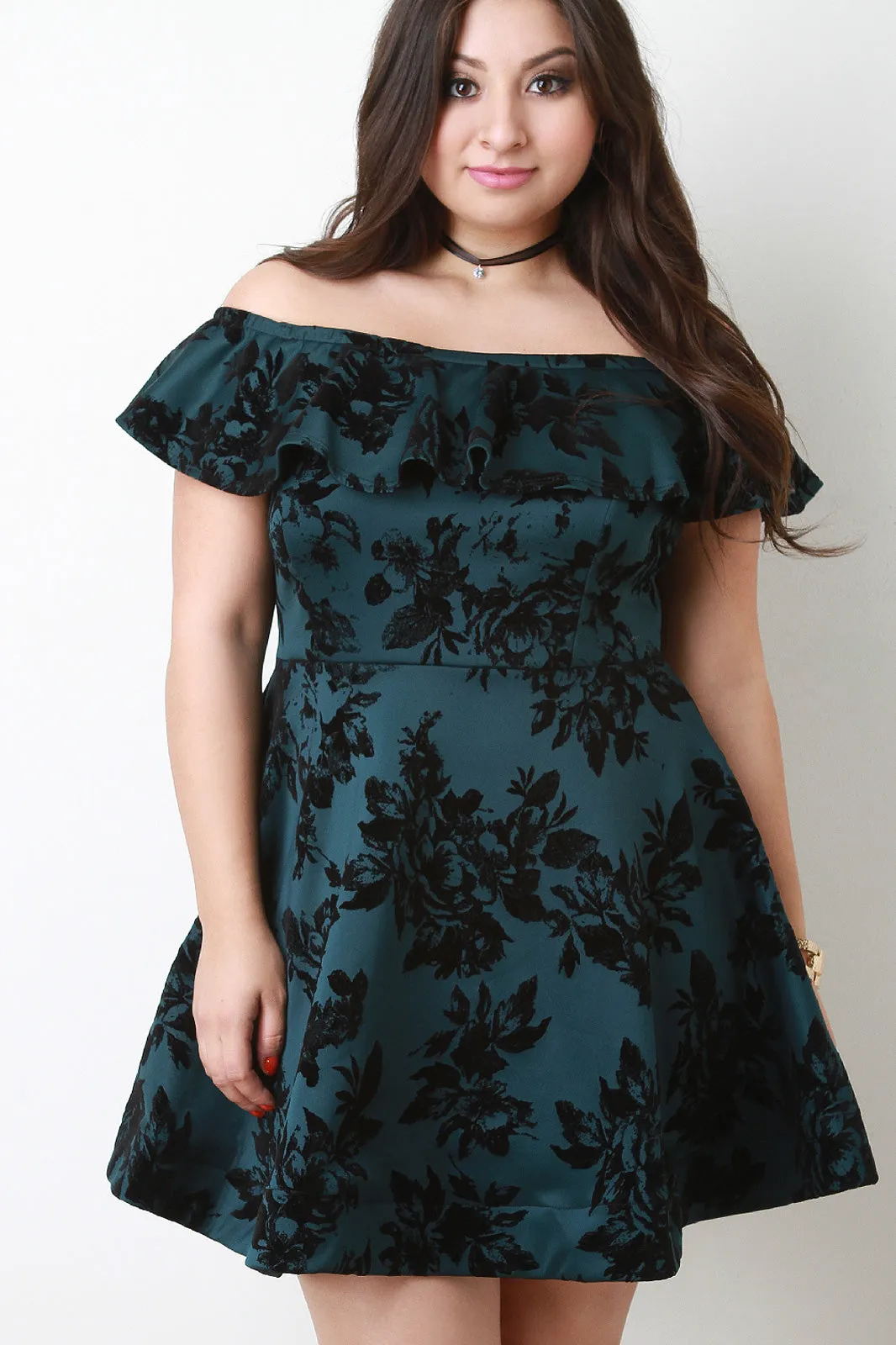 Flocked Floral Print Off The Shoulder Skater Dress