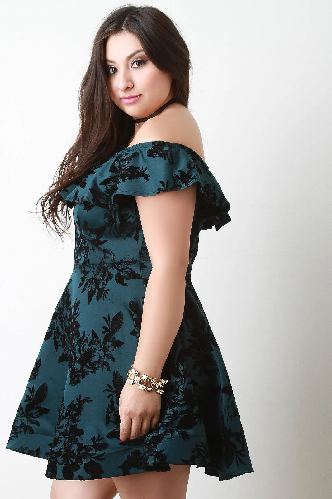 Flocked Floral Print Off The Shoulder Skater Dress