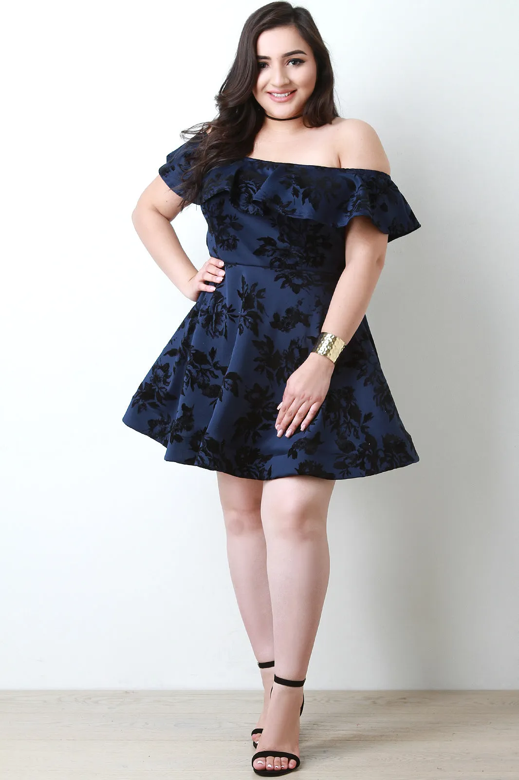 Flocked Floral Print Off The Shoulder Skater Dress