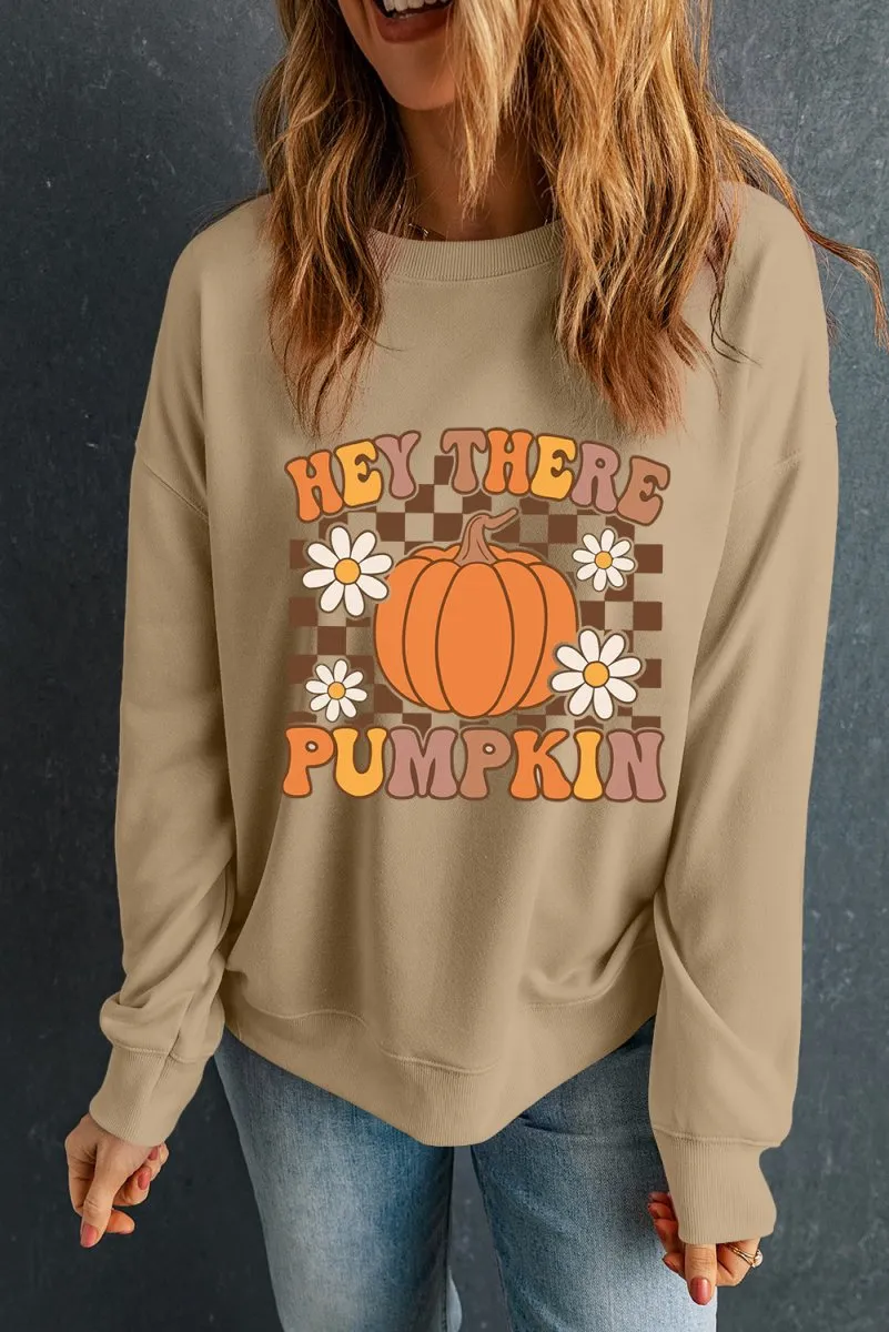 Floral Checkered "Hey There Pumpkin" Graphic Sweatshirt