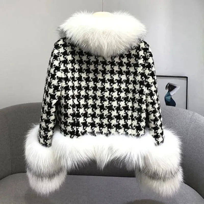 Flytonn-Vintage Thousand Bird Check Jackets Elegant Fashion Splicing Fur Collar Strap Design Short Coat Winter New Long-sleeved Coats