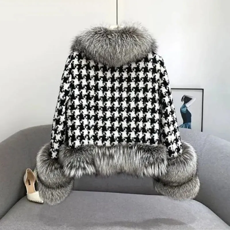 Flytonn-Vintage Thousand Bird Check Jackets Elegant Fashion Splicing Fur Collar Strap Design Short Coat Winter New Long-sleeved Coats