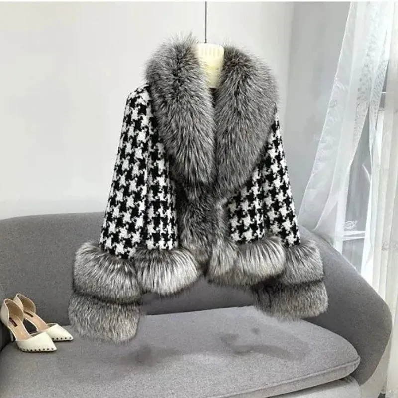 Flytonn-Vintage Thousand Bird Check Jackets Elegant Fashion Splicing Fur Collar Strap Design Short Coat Winter New Long-sleeved Coats