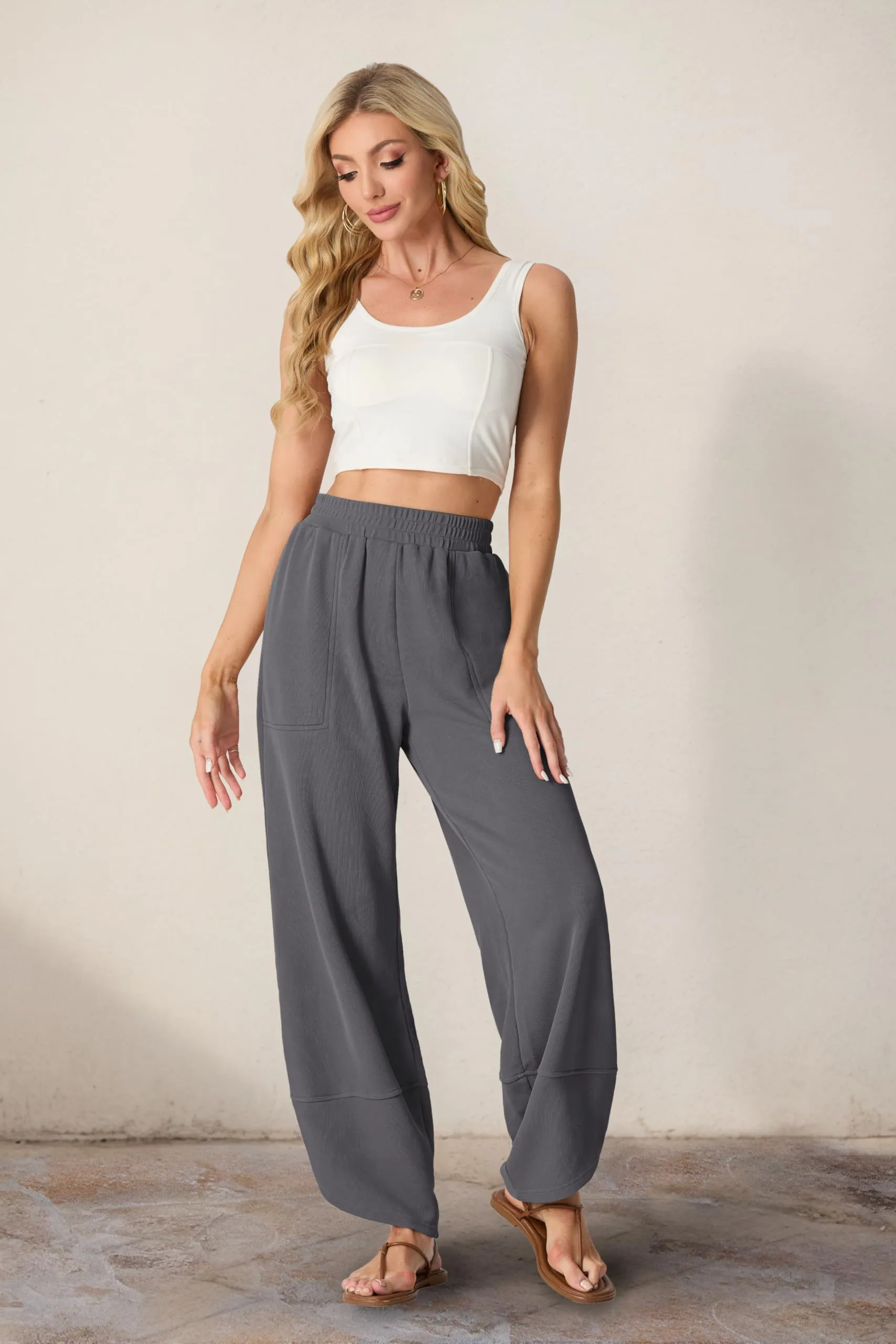 FREEOAK Wide Leg Boho Capri Pants Palazzo Flowy Relaxed Fit Sweatpants for Women Work Gaucho Fall Winter Travel Sweatpants Office Trousers Dark Grey