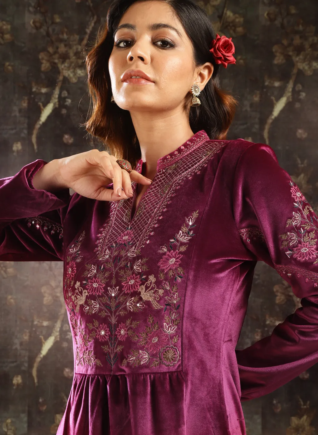 Fuchsia Embroidered Velvet Tunic for Women