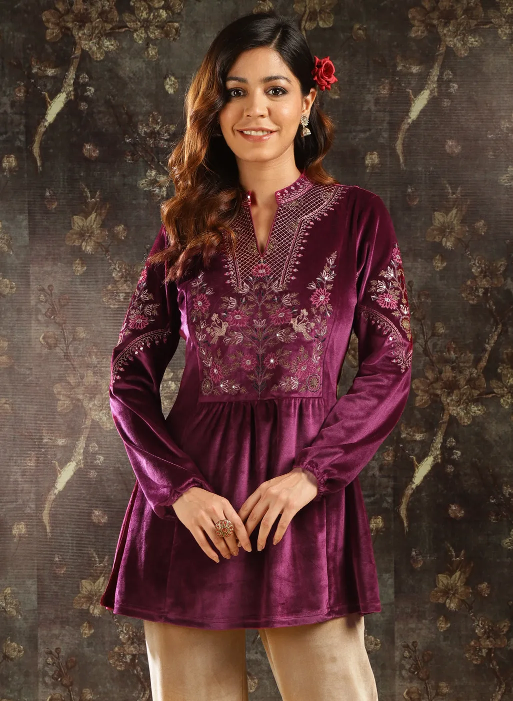 Fuchsia Embroidered Velvet Tunic for Women