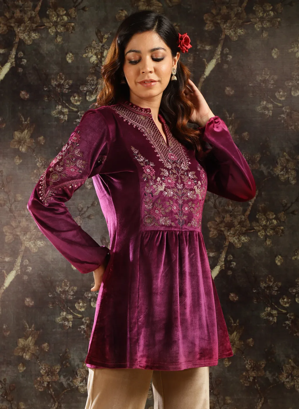 Fuchsia Embroidered Velvet Tunic for Women