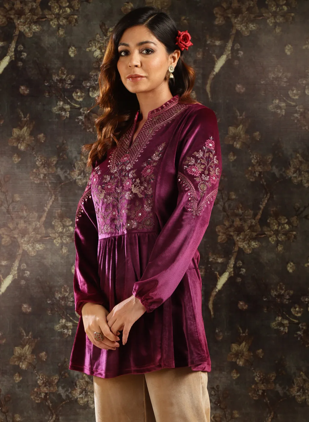 Fuchsia Embroidered Velvet Tunic for Women