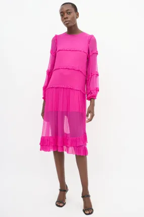 Fuchsia Plissé Ruffle Trim Tier Midi Dress