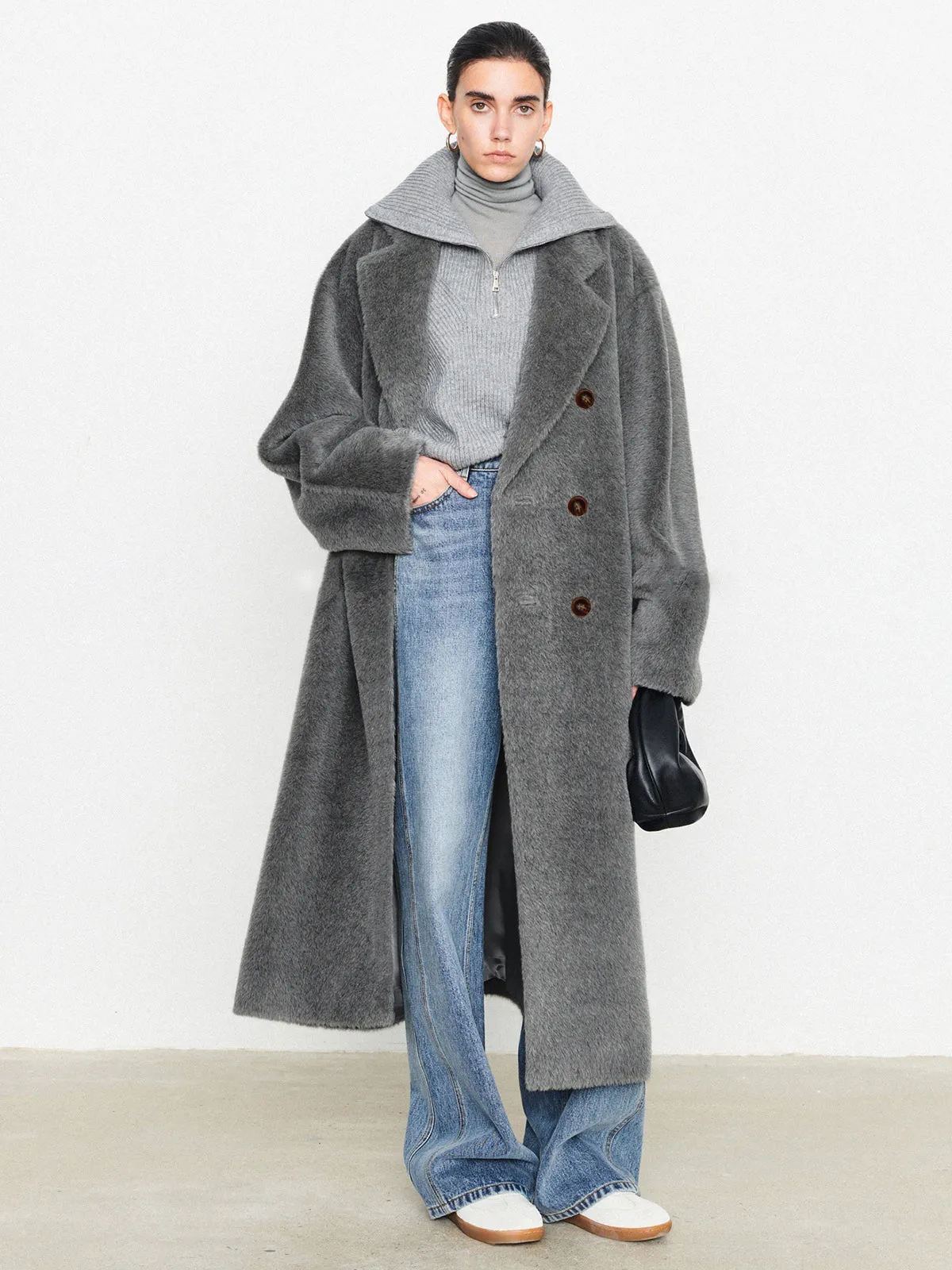 Fuzzy Solid Oversized Trendy Pocket Collar Coat