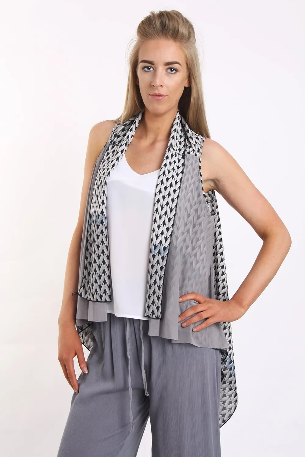 Geometric Print Waterfall Chiffon Waistcoat