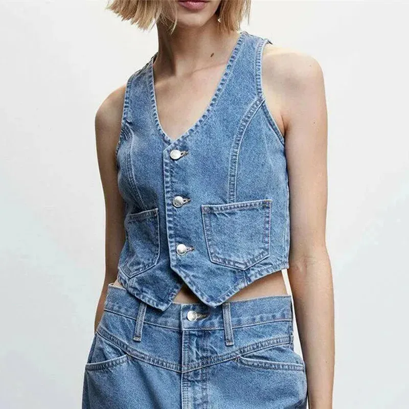 Girlary Women Denim Vest Sleeveless Crop Tops Button Denim Gilet Jacket Casual V Neck Jean Waistcoat Y2K Streetwear