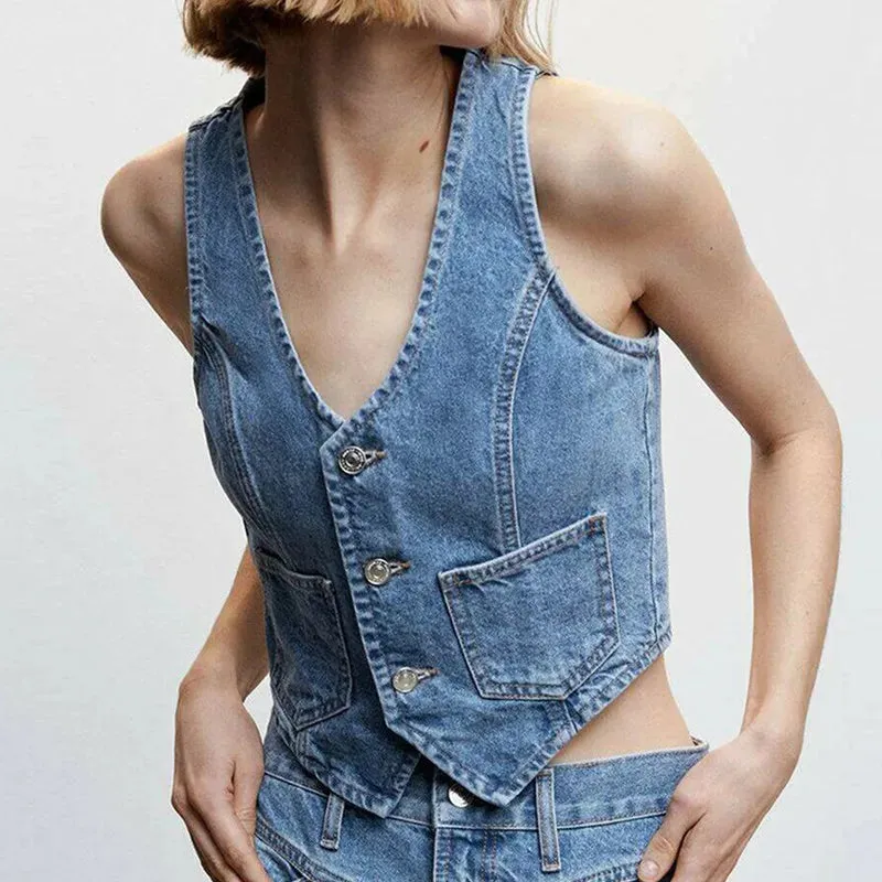 Girlary Women Denim Vest Sleeveless Crop Tops Button Denim Gilet Jacket Casual V Neck Jean Waistcoat Y2K Streetwear